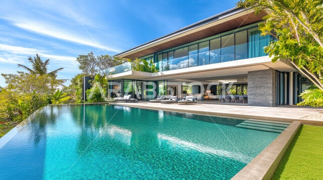 الديكورات الحديثة للبيوت والمنازل العربية في المملكة ، الفن الهندسي المعماري في بناء الشقق والفلل السكنية, الطبيعة الخضراء حول حوض السباحة في الحديقة الخارجية, ا، تصميم لمبنى عربي في السعودية 