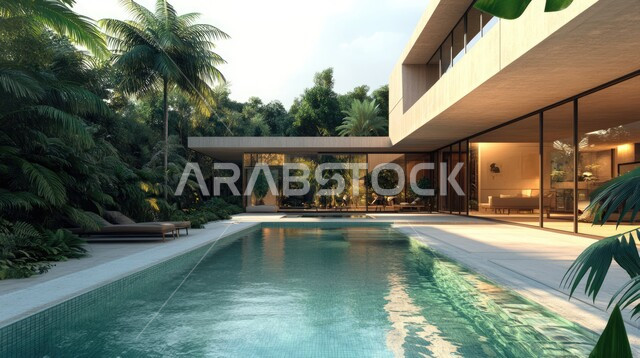 الديكورات الحديثة للبيوت والمنازل العربية في المملكة ، الفن الهندسي المعماري في بناء الشقق والفلل السكنية, الطبيعة الخضراء حول حوض السباحة في الحديقة الخارجية, ا، تصميم لمبنى عربي في السعودية 
