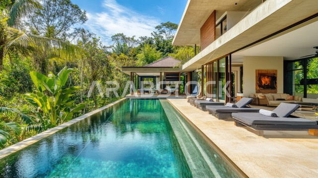 Modern decorations for Arab homes and homes in the Kingdom, architectural engineering art in building residential apartments and villas, green nature around the swimming pool in the outdoor garden, a design for an Arab building in Saudi Arabia