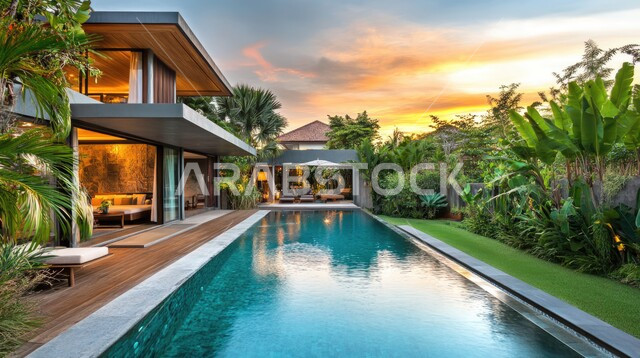 الديكورات الحديثة للبيوت والمنازل العربية في المملكة ، الفن الهندسي المعماري في بناء الشقق والفلل السكنية, الطبيعة الخضراء حول حوض السباحة في الحديقة الخارجية, ا، تصميم لمبنى عربي في السعودية 