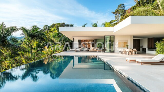 الفن الهندسي المعماري في بناء الشقق والفلل السكنية ، مبنى  حديث مع حوض سباحة ، الطبيعة الخضراء في الحديقة الخارجية ، الديكورات الحديثة للبيوت والمنازل العربية في المملكة  