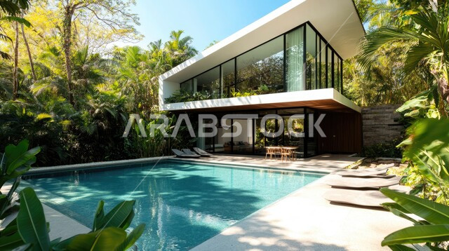 الفن الهندسي المعماري في بناء الشقق والفلل السكنية ، مبنى  حديث مع حوض سباحة ، الطبيعة الخضراء في الحديقة الخارجية ، الديكورات الحديثة للبيوت والمنازل العربية في المملكة  