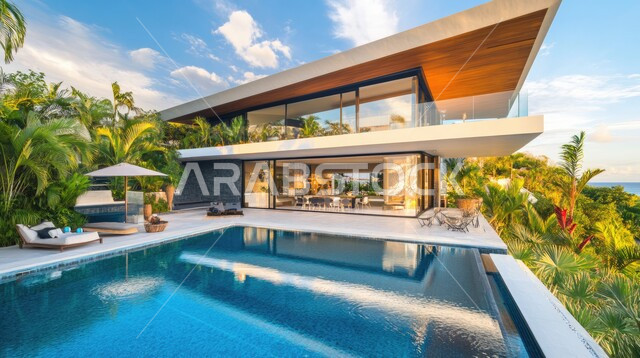 Architectural engineering art in building residential apartments and villas, a modern building with a swimming pool, the green nature in the external garden, modern decorations for Arab homes and houses in the Kingdom