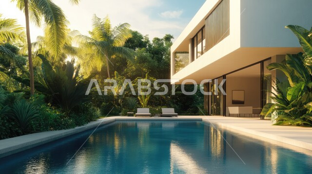 Architectural engineering art in building residential apartments and villas, a modern building with a swimming pool, the green nature in the external garden, modern decorations for Arab homes and houses in the Kingdom