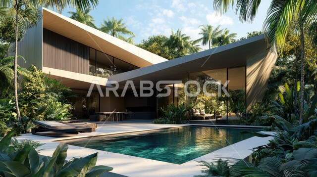 الفن الهندسي المعماري في بناء الشقق والفلل السكنية ، مبنى  حديث مع حوض سباحة ، الطبيعة الخضراء في الحديقة الخارجية ، الديكورات الحديثة للبيوت والمنازل العربية في المملكة  