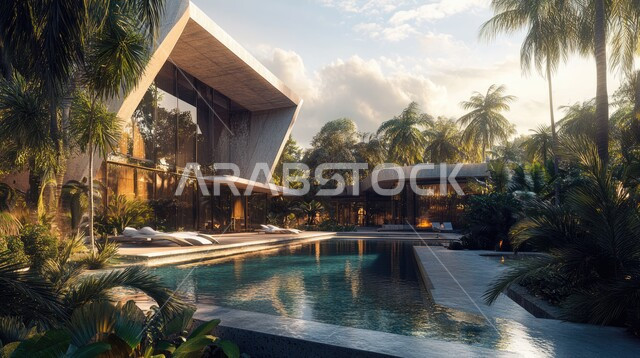  مبنى عربي في السعودية ، الطبيعة الخضراء حول حوض السباحة في الحديقة الخارجية, الديكورات الحديثة للبيوت والمنازل العربية في المملكة ، الفن الهندسي المعماري في بناء الشقق والفلل السكنية