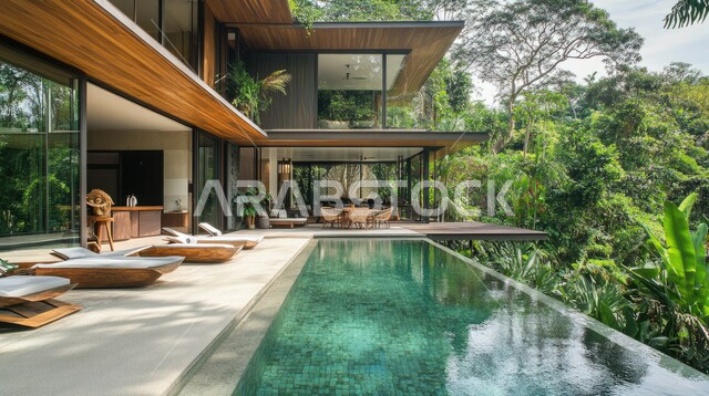  مبنى عربي في السعودية ، الطبيعة الخضراء حول حوض السباحة في الحديقة الخارجية, الديكورات الحديثة للبيوت والمنازل العربية في المملكة ، الفن الهندسي المعماري في بناء الشقق والفلل السكنية