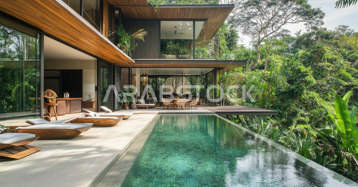 An Arab building in Saudi Arabia, the green nature around the swimming ...