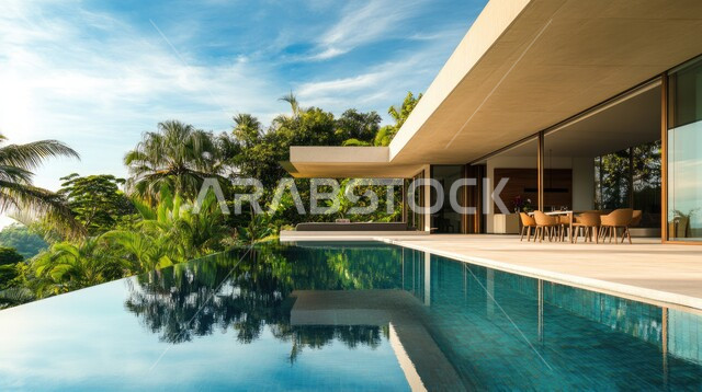 مبنى عربي في السعودية ، الطبيعة الخضراء حول حوض السباحة في الحديقة الخارجية, الديكورات الحديثة للبيوت والمنازل العربية في المملكة ، الفن الهندسي المعماري في بناء الشقق والفلل السكنية
