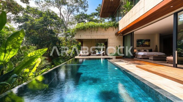  مبنى عربي في السعودية ، الطبيعة الخضراء حول حوض السباحة في الحديقة الخارجية, الديكورات الحديثة للبيوت والمنازل العربية في المملكة ، الفن الهندسي المعماري في بناء الشقق والفلل السكنية