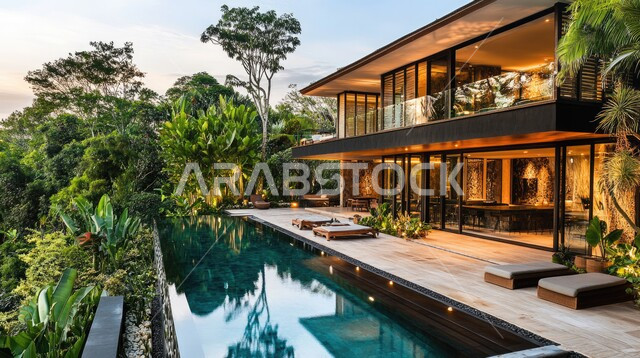  مبنى عربي في السعودية ، الطبيعة الخضراء حول حوض السباحة في الحديقة الخارجية, الديكورات الحديثة للبيوت والمنازل العربية في المملكة ، الفن الهندسي المعماري في بناء الشقق والفلل السكنية