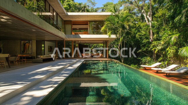 الفن الهندسي المعماري في بناء الشقق والفلل السكنية, الطبيعة الخضراء حول حوض السباحة في الحديقة الخارجية, الديكورات الحديثة للبيوت والمنازل العربية في المملكة ، تصميم لمبنى عربي في السعودية