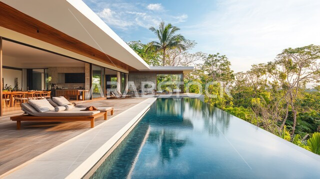 Architectural engineering art in building residential apartments and villas, the green nature around the swimming pool in the outdoor garden, modern decorations for Arab homes and houses in the Kingdom, design for an Arab building in Saudi Arabia