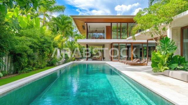 الفن الهندسي المعماري في بناء الشقق والفلل السكنية, الطبيعة الخضراء حول حوض السباحة في الحديقة الخارجية, الديكورات الحديثة للبيوت والمنازل العربية في المملكة ، تصميم لمبنى عربي في السعودية