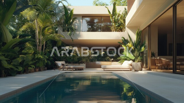 الفن الهندسي المعماري في بناء الشقق والفلل السكنية, الطبيعة الخضراء حول حوض السباحة في الحديقة الخارجية, الديكورات الحديثة للبيوت والمنازل العربية في المملكة ، تصميم لمبنى عربي في السعودية