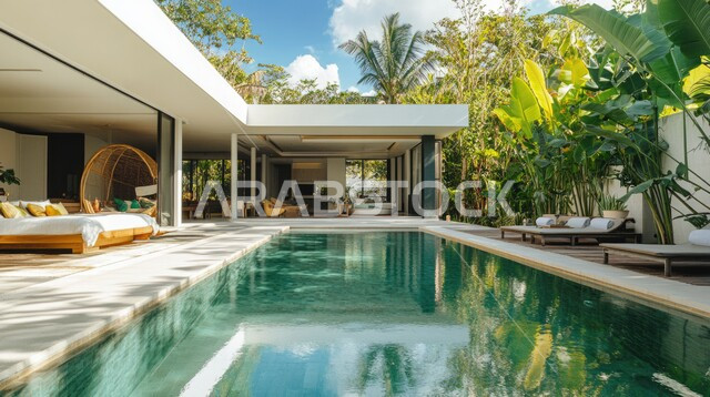 تصميم لمبنى عربي في السعودية, الفن الهندسي المعماري في بناء الشقق والفلل السكنية, الطبيعة الخضراء حول حوض السباحة في الحديقة الخارجية, الديكورات الحديثة للبيوت والمنازل العربية في المملكة