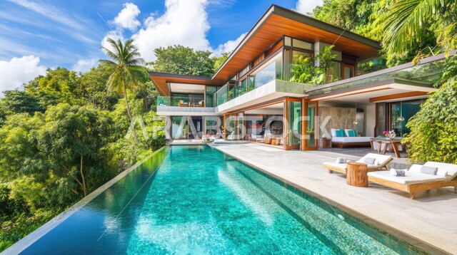 تصميم لمبنى عربي في السعودية, الفن الهندسي المعماري في بناء الشقق والفلل السكنية, الطبيعة الخضراء حول حوض السباحة في الحديقة الخارجية, الديكورات الحديثة للبيوت والمنازل العربية في المملكة