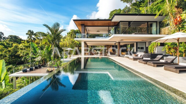 تصميم لمبنى عربي في السعودية, الفن الهندسي المعماري في بناء الشقق والفلل السكنية, الطبيعة الخضراء حول حوض السباحة في الحديقة الخارجية, الديكورات الحديثة للبيوت والمنازل العربية في المملكة