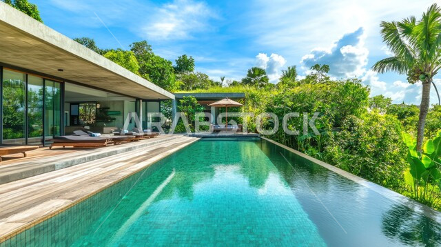 الفن الهندسي المعماري على الطراز الحديث للفلل والشقق السكنية ،الاهتمام في زراعه النباتات الخضراء حول حوض السباحة في حديقة المنزل، الديكورات والتصاميم العصرية الحديثة للبيوت في المملكة العربية السعودية