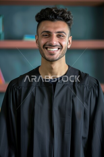 مفهوم النجاح والتفوق، الاحتفال بإنهاء الدراسة الجامعية، تعابير الفرح والسعادة، صورة مقربة لطالب عربي سعودي خليجي يرتدي العباءة ينظر إلى الكاميرا بايماءات السرور والرضا