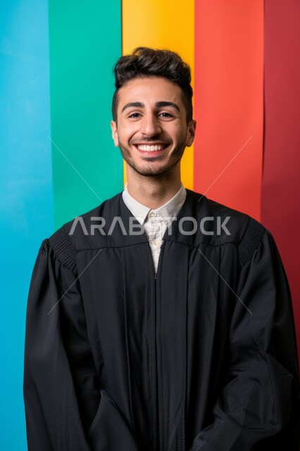 الاحتفال بإنهاء الدراسة الجامعية، تعابير الفرح والسعادة، مفهوم النجاح والتفوق، صورة مقربة لطالب عربي سعودي خليجي يرتدي العباءة ينظر إلى الكاميرا بايماءات السرور والرضا