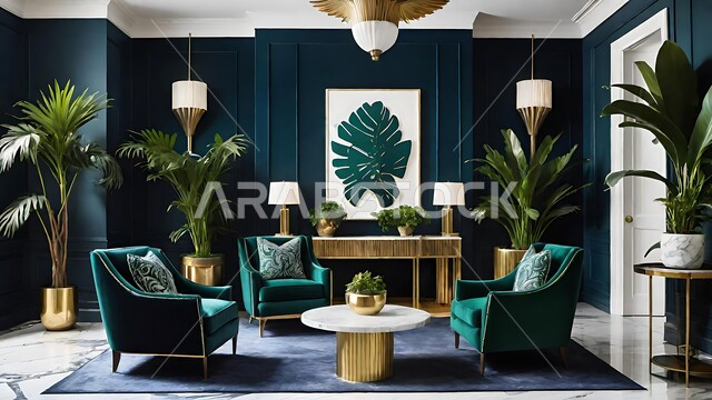 الديكورات الداخلية للفلل والشقق السكنية في المملكة العربية السعودية ،غرف معيشة بألوان راقية مع أثاث منزلي فاخر ،اكسسوارات وتحف عصرية ،التصاميم الداخلية لغرف الجلوس على الطراز الحديث باللون الازرق الداكن والأخضر ،الاهتمام بنباتات الزينة الخضراء ،اللوحات الفنية المعلقة