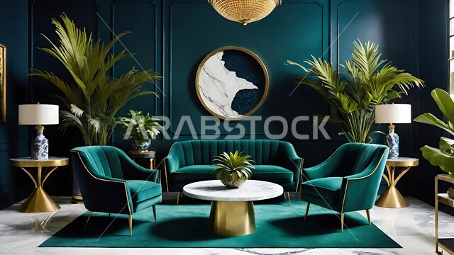 التصاميم الداخلية لغرف الجلوس على الطراز الحديث باللون الازرق الداكن والأخضر  ،الديكورات الداخلية للفلل والشقق السكنية في المملكة العربية السعودية ،غرف معيشة بألوان راقية مع أثاث منزلي فاخر ،اكسسوارات وتحف عصرية ،الاهتمام بنباتات الزينة الخضراء