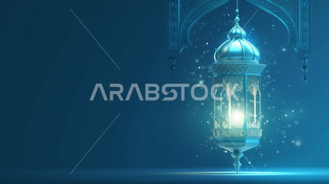 الزينة والاكسسوارات العربية والفن الإسلامي، تحف اسلامية تقليدية للاحتفال بقدوم شهر الخير، فانوس معلق معدني مزخرف مضيء، أنوار وديكورات في الأجواء الرمضانية الروحانية، خلفية ملونة