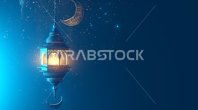 الزينة والاكسسوارات العربية والفن الإسلامي، تحف اسلامية تقليدية للاحتفال بقدوم شهر الخير، فانوس معلق معدني مزخرف مضيء، أنوار وديكورات في الأجواء الرمضانية الروحانية، خلفية ملونة