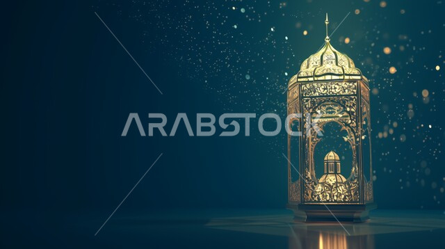 تحف واكسسوارت متميزة، البهجة بقدوم شهر الخير، ديكورات وزينة رمضان المبارك, الأجواء الروحانية والاحتفال بالمناسبات والأعياد الدينية الاسلامية، صورة مقربة لفانوس معدني تقليدي مضيء، خلفية ملونة