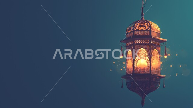 تحف واكسسوارت متميزة، البهجة بقدوم شهر الخير، ديكورات وزينة رمضان المبارك, الأجواء الروحانية والاحتفال بالمناسبات والأعياد الدينية الاسلامية، صورة مقربة لفانوس معلق معدني تقليدي مضيء، خلفية ملونة