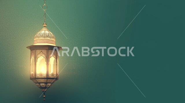 تحف واكسسوارت متميزة، البهجة بقدوم شهر الخير، ديكورات وزينة رمضان المبارك, الأجواء الروحانية والاحتفال بالمناسبات والأعياد الدينية الاسلامية، صورة مقربة لفانوس معلق معدني تقليدي مضيء، خلفية خضراء
