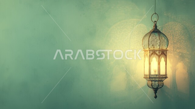 تحف واكسسوارت متميزة، البهجة بقدوم شهر الخير، ديكورات وزينة رمضان المبارك, الأجواء الروحانية والاحتفال بالمناسبات والأعياد الدينية الاسلامية، صورة مقربة لفانوس معلق معدني تقليدي مضيء، خلفية خضراء