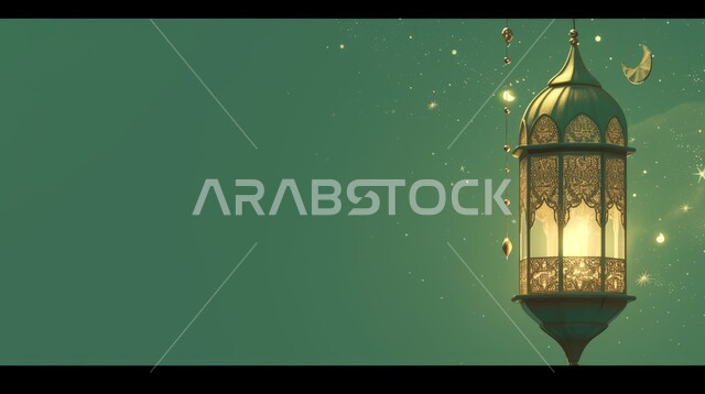 تحف واكسسوارت متميزة، البهجة بقدوم شهر الخير، ديكورات وزينة رمضان المبارك, الأجواء الروحانية والاحتفال بالمناسبات والأعياد الدينية الاسلامية، صورة مقربة لفانوس معلق معدني تقليدي مضيء، خلفية خضراء