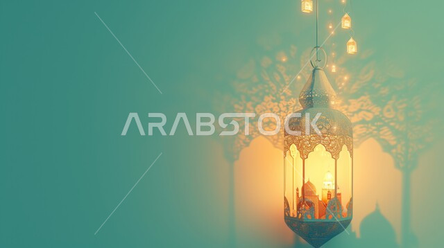 البهجة بقدوم شهر الخير، ديكورات وزينة رمضان المبارك, الأجواء الروحانية والاحتفال بالمناسبات والأعياد الدينية الاسلامية، صورة مقربة لفانوس معدني تقليدي مضيء, تحف واكسسوارت متميزة، خلفية خضراء