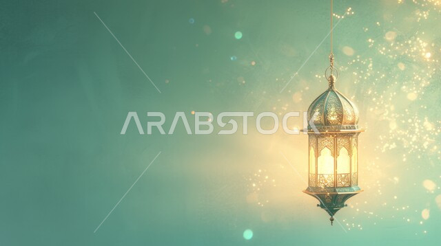 البهجة بقدوم شهر الخير، ديكورات وزينة رمضان المبارك, الأجواء الروحانية والاحتفال بالمناسبات والأعياد الدينية الاسلامية، صورة مقربة لفانوس معلق معدني تقليدي مضيء, تحف واكسسوارت متميزة، خلفية خضراء
