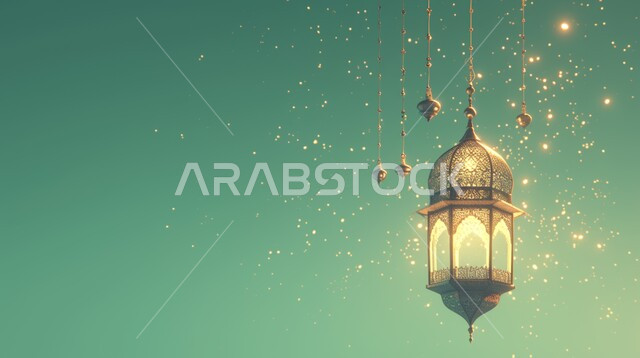 Joy at the arrival of the month of goodness, decorations and adornments of the blessed Ramadan, spiritual atmosphere and celebration of Islamic religious occasions and holidays, close-up image of a traditional, illuminated metal hanging lantern, distinctive antiques and accessories, green background