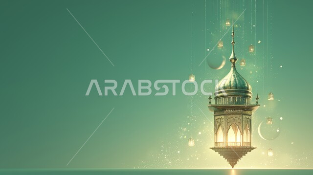البهجة بقدوم شهر الخير، ديكورات وزينة رمضان المبارك, الأجواء الروحانية والاحتفال بالمناسبات والأعياد الدينية الاسلامية، صورة مقربة لفانوس معلق معدني تقليدي مضيء, تحف واكسسوارت متميزة، خلفية خضراء