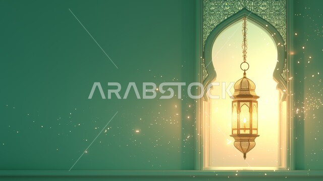 ديكورات وزينة رمضان المبارك, الأجواء الروحانية والاحتفال بالمناسبات والأعياد الدينية الاسلامية، صورة مقربة لفانوس معلق معدني تقليدي مضيء, البهجة بقدوم شهر الخير، تحف واكسسوارت متميزة، خلفية خضراء