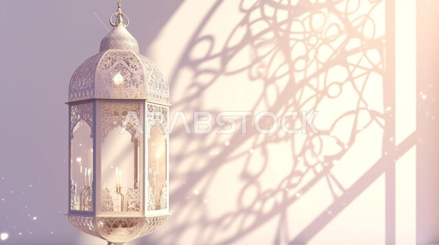 ديكورات وزينة رمضان المبارك, الأجواء الروحانية والاحتفال بالمناسبات والأعياد الدينية الاسلامية، صورة مقربة لفانوس معلق معدني تقليدي مضيء, البهجة بقدوم شهر الخير، تحف واكسسوارت متميزة، خلفية ملونة