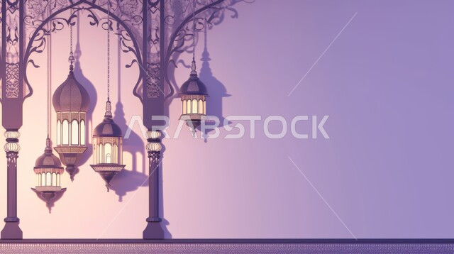 الزينة والاكسسوارات العربية والفن الإسلامي، تحف اسلامية تقليدية للاحتفال بقدوم شهر الخير، فوانيس معلقة معدنية مزخرفة مضيئة، أنوار وديكورات في الأجواء الرمضانية الروحانية، خلفية نهدية