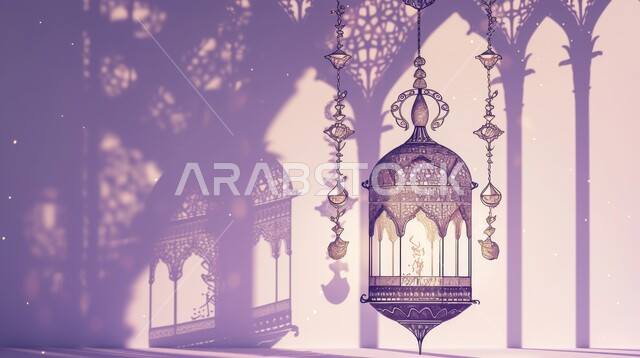ديكورات وزينة رمضان المبارك, الأجواء الروحانية والاحتفال بالمناسبات والأعياد الدينية الاسلامية، صورة مقربة لفانوس معلق معدني تقليدي مضيء, البهجة بقدوم شهر الخير، تحف واكسسوارت متميزة، خلفية نهدية