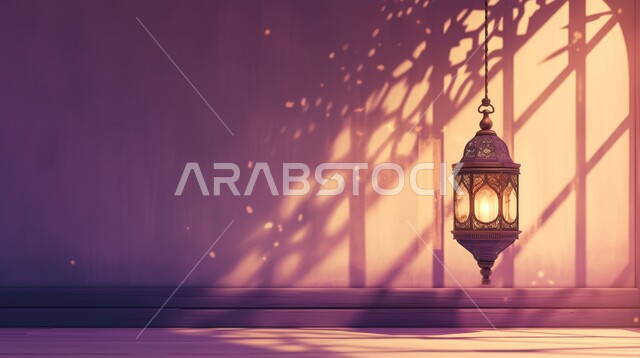 ديكورات وزينة رمضان المبارك, الأجواء الروحانية والاحتفال بالمناسبات والأعياد الدينية الاسلامية، صورة مقربة لفانوس معلق معدني تقليدي مضيء, البهجة بقدوم شهر الخير، تحف واكسسوارت متميزة، خلفية ملونة