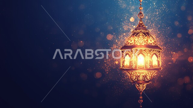 الأجواء الروحانية والاحتفال بالمناسبات والأعياد الدينية الاسلامية، ديكورات وزينة رمضان المبارك, صورة مقربة لفانوس معلق معدني تقليدي مضيء, البهجة بقدوم شهر الخير، تحف واكسسوارت متميزة، خلفية ملونة