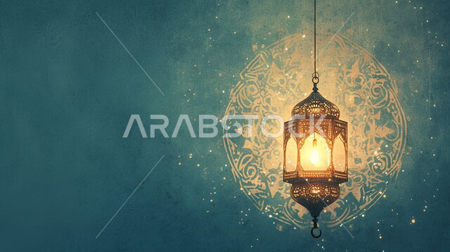 الأجواء الروحانية والاحتفال بالمناسبات والأعياد الدينية الاسلامية، ديكورات وزينة رمضان المبارك, صورة مقربة لفانوس معلق معدني تقليدي مضيء, البهجة بقدوم شهر الخير، تحف واكسسوارت متميزة، خلفية ملونة