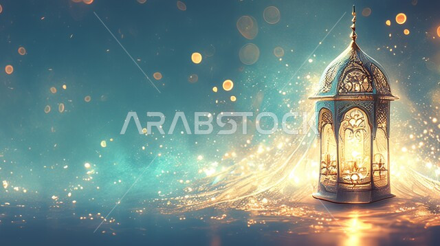 الأجواء الروحانية والاحتفال بالمناسبات والأعياد الدينية الاسلامية، ديكورات وزينة رمضان المبارك, صورة مقربة لفانوس معدني تقليدي مضيء, البهجة بقدوم شهر الخير، تحف واكسسوارت متميزة، خلفية ملونة