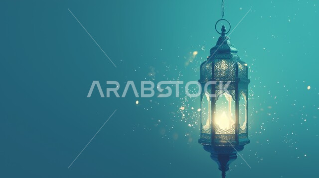 الأجواء الروحانية والاحتفال بالمناسبات والأعياد الدينية الاسلامية، ديكورات وزينة رمضان المبارك, صورة مقربة لفانوس معلق معدني تقليدي مضيء, البهجة بقدوم شهر الخير، تحف واكسسوارت متميزة، خلفية ملونة