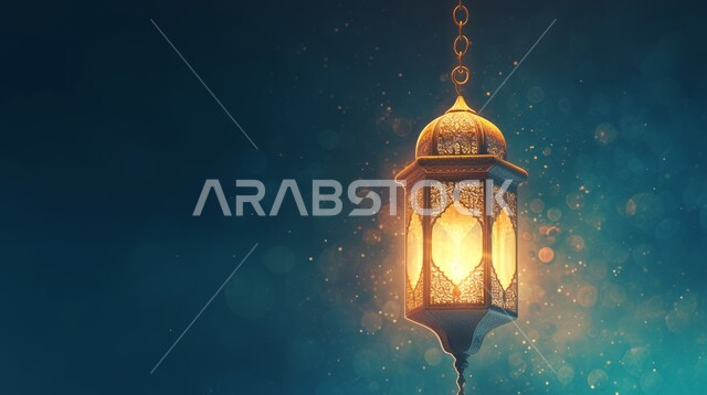 الأجواء الروحانية والاحتفال بالمناسبات والأعياد الدينية الاسلامية، ديكورات وزينة رمضان المبارك, صورة مقربة لفانوس معلق معدني تقليدي مضيء, البهجة بقدوم شهر الخير، تحف واكسسوارت متميزة، خلفية ملونة