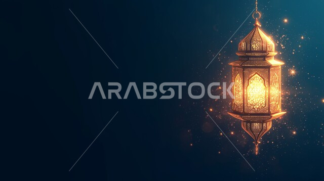 الأجواء الروحانية والاحتفال بالمناسبات والأعياد الدينية الاسلامية، ديكورات وزينة رمضان المبارك, صورة مقربة لفانوس معلق معدني تقليدي مضيء, البهجة بقدوم شهر الخير، تحف واكسسوارت متميزة، خلفية ملونة