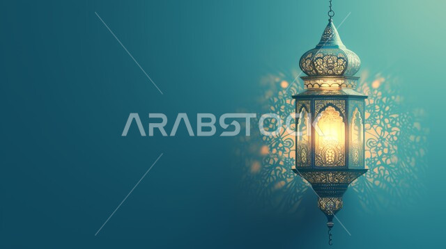 الأجواء الروحانية والاحتفال بالمناسبات والأعياد الدينية الاسلامية، ديكورات وزينة رمضان المبارك, صورة مقربة لفانوس معلق معدني تقليدي مضيء, البهجة بقدوم شهر الخير، تحف واكسسوارت متميزة، خلفية ملونة